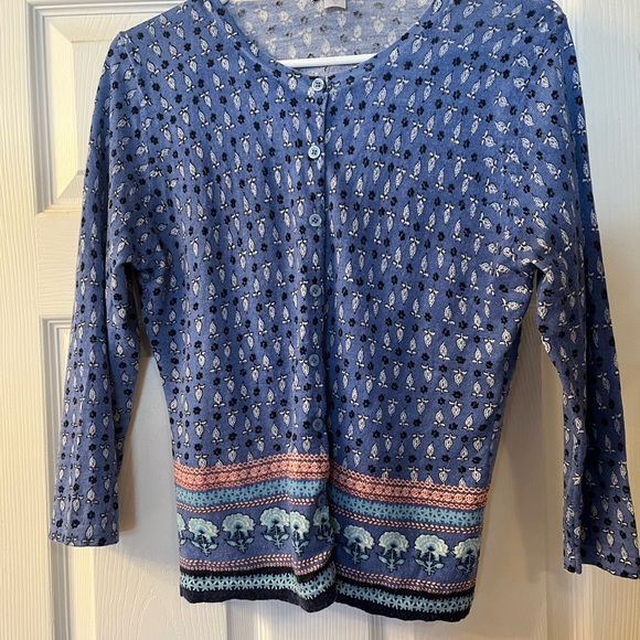Garnet Hill Sweaters - Garnet Hill Patterned Blue Lightweight Cardigan 100% Merino Wool 3/4 Sleeves